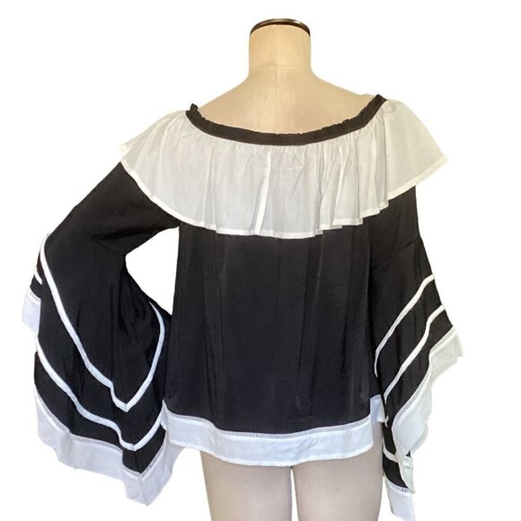 P Luca Milano L Black & White Ruffle Neck Embroidered Lace Front Top 108J - Picture 4 of 9